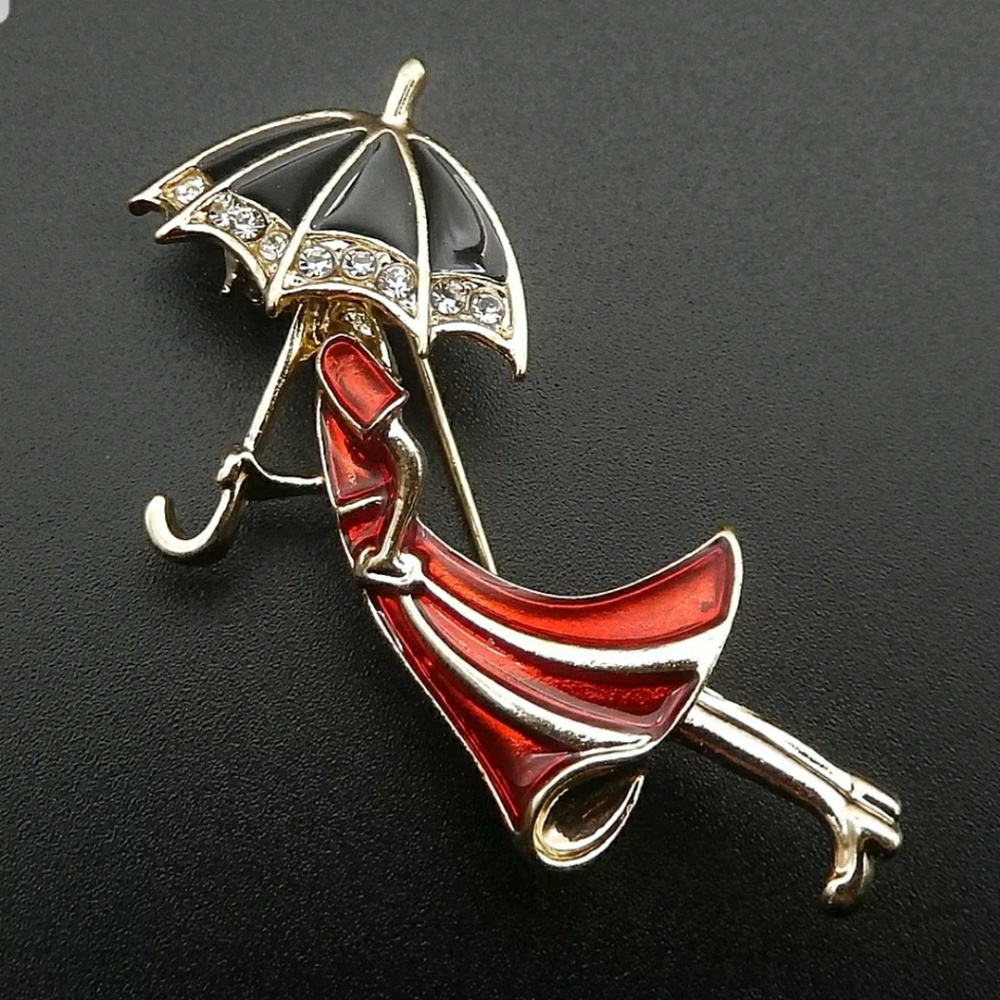 Rhinestone Enameled Rainy Day Brooch